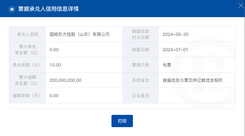 上交所披露商票逾期名单，国粮东方控股（山东）有限公司累计逾期发生额2亿元赫然在列