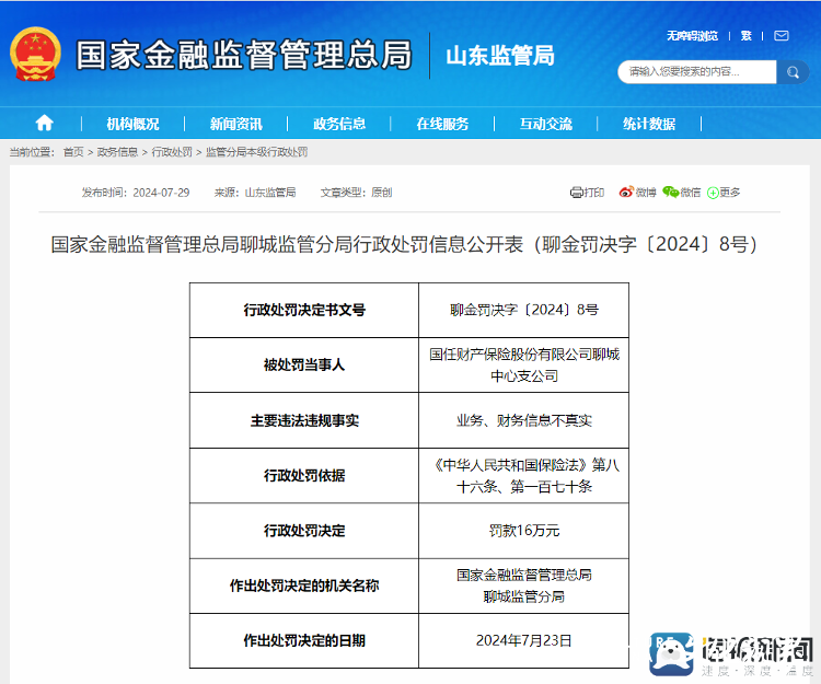 国任财险聊城中支因业务、财务信息不真实，被罚款16万