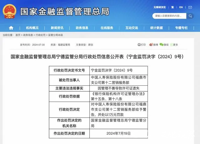 因管理不善导致许可证遗失，中国人寿宁德市福鼎支公司被罚款1万