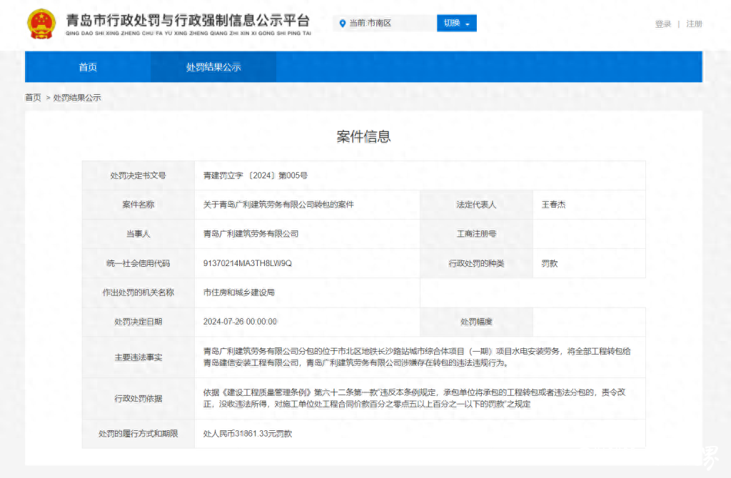 因违法转包、无资质承揽工程，青岛广利建筑劳务与青岛建信安装工程有限公司分别被罚款