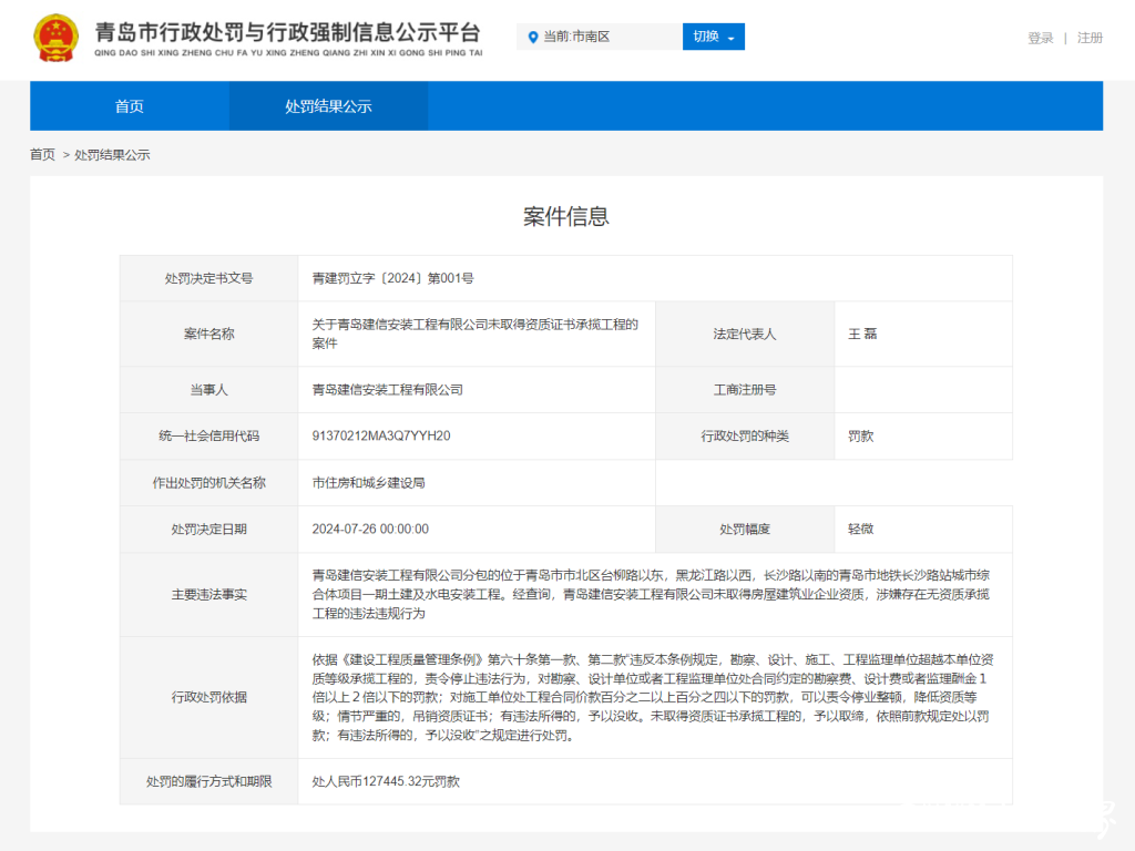 因违法转包、无资质承揽工程，青岛广利建筑劳务与青岛建信安装工程有限公司分别被罚款