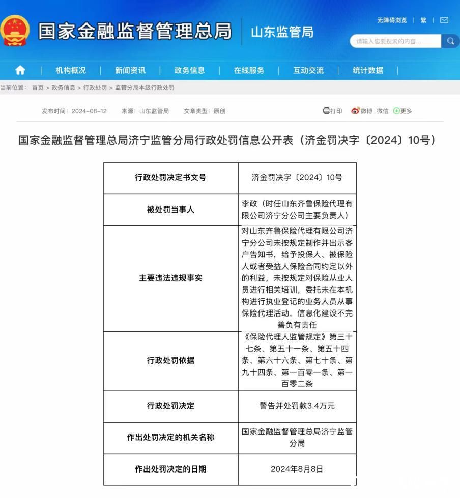 涉多项违法违规行为，山东齐鲁保险代理有限公司济宁分公司被罚9.4万元，其主要负责人同时被警告并罚款