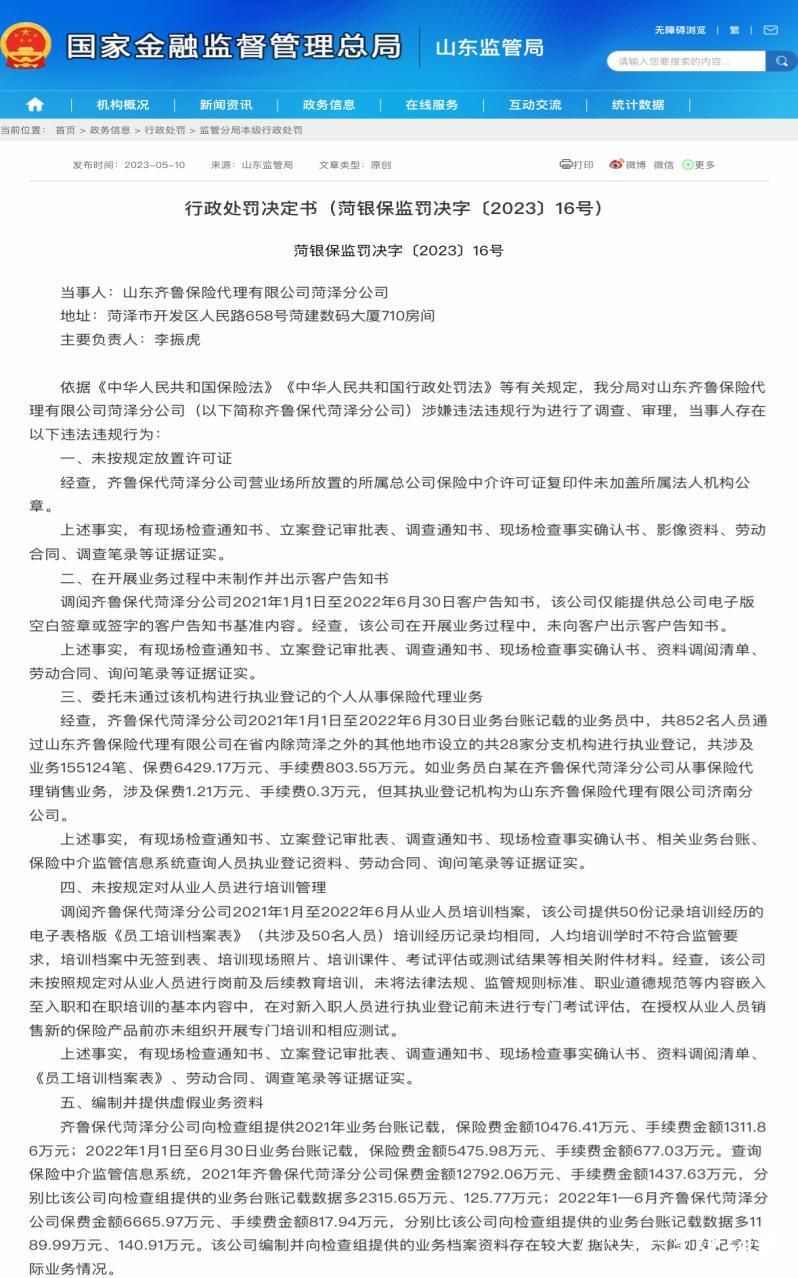 涉多项违法违规行为，山东齐鲁保险代理有限公司济宁分公司被罚9.4万元，其主要负责人同时被警告并罚款