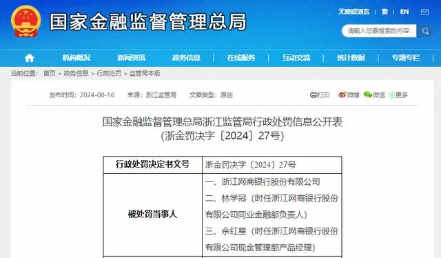 涉重大关联交易未经审查审批持续开展等多项违法违规，浙江网商银行接735万元罚单