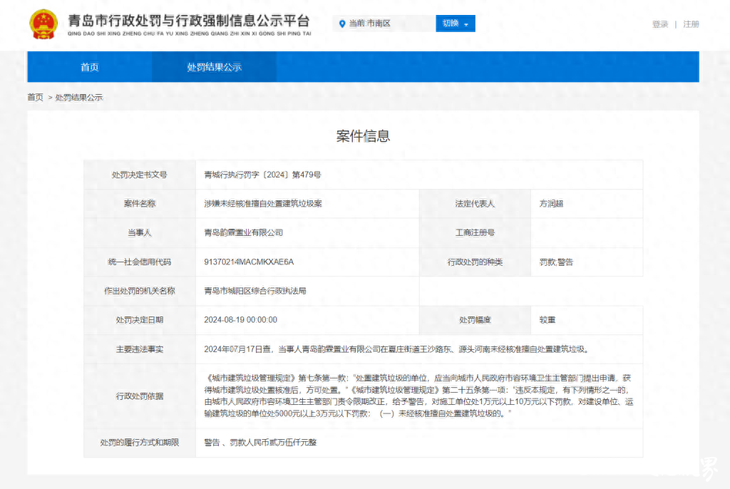 因乱倒建筑垃圾，青岛韵霖置业有限公司被罚1.5万元