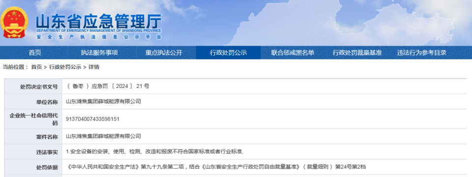 涉及安全设备各种不达标，山东潍焦集团薛城能源有限公司被罚3万元
