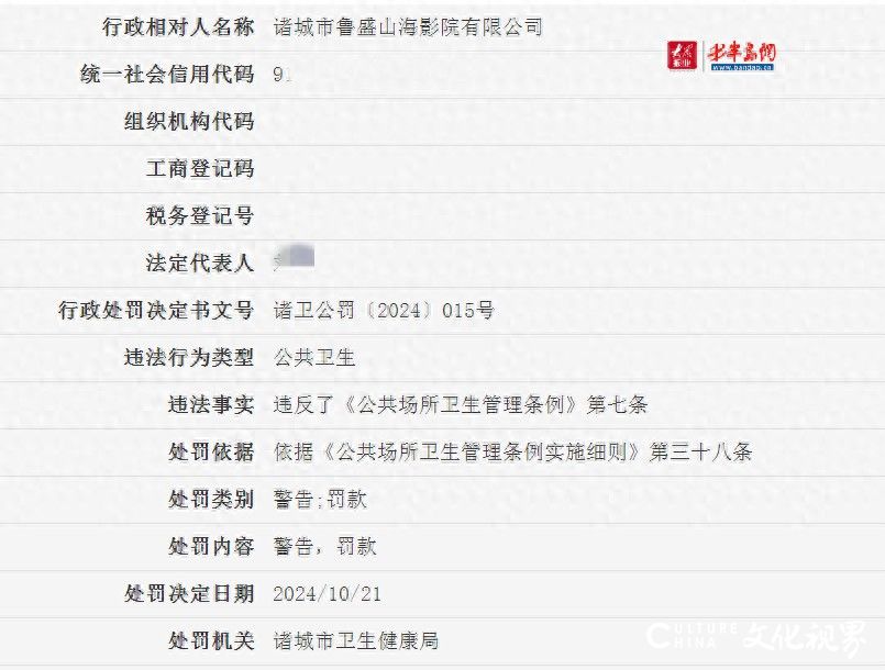 因违反《公共场所卫生管理条例》，潍坊诸城市鲁盛山海影院有限公司被处罚