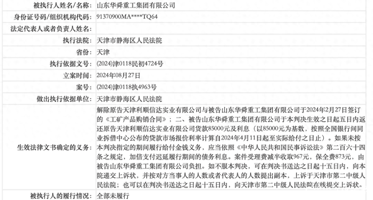 泰安华舜重工集团因合同纠纷问题被法院列为“失信被执行人”，四年前曾启动上市进程