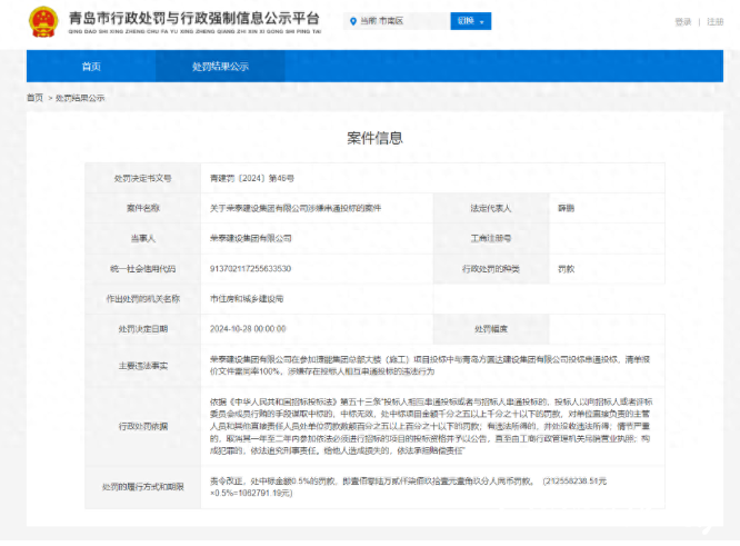 涉及捷能集团总部大楼项目！青岛荣泰建设集团有限公司涉嫌串通投标被罚超百万