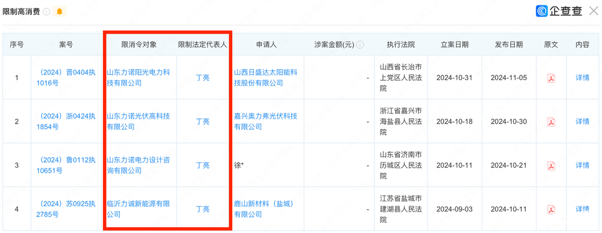 力诺电力集团不到四个月四当被执行人，旗下三家公司近亿元持股遭冻结