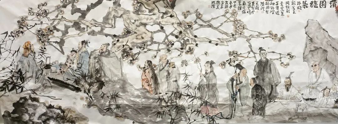 “逸江南——长三角中国画名家邀请展（人物篇）”在嘉兴开幕，参展画家当日共绘《蒲园雅集》