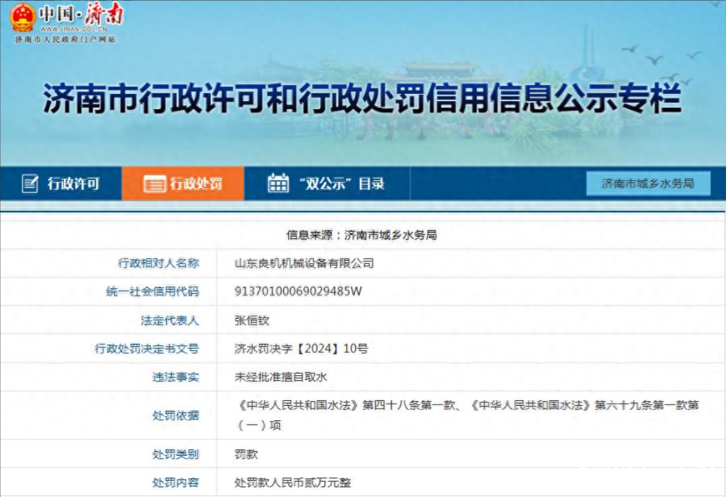 因未经批准擅自取水，山东良机机械设备有限公司被罚2万元