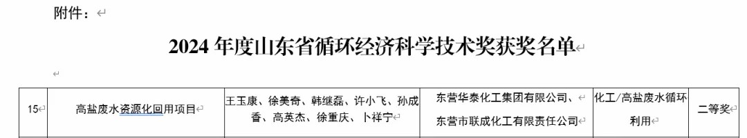 东营华泰化工集团参与项目荣获2024年度山东省循环经济科学技术二等奖