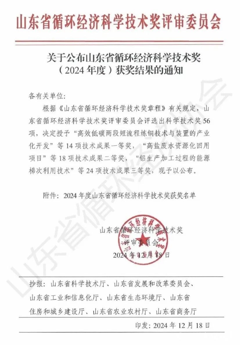 东营华泰化工集团参与项目荣获2024年度山东省循环经济科学技术二等奖