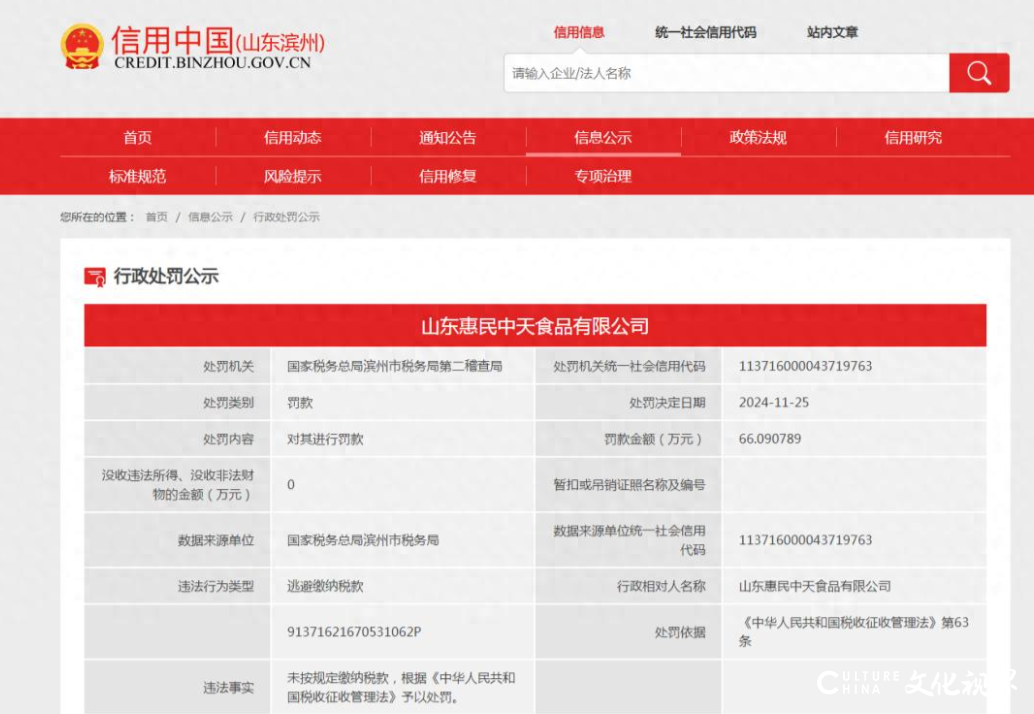 因未按规定缴纳税款，​山东中天食品集团及旗下企业被罚近67万元