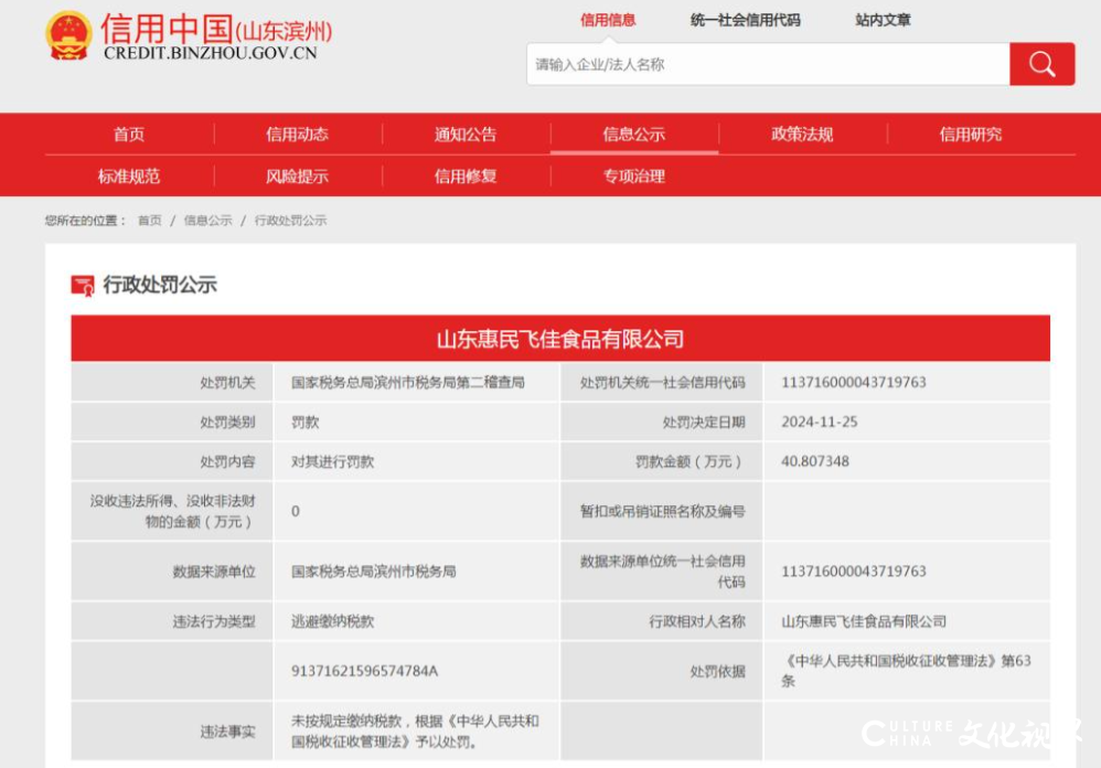因未按规定缴纳税款，​山东中天食品集团及旗下企业被罚近67万元