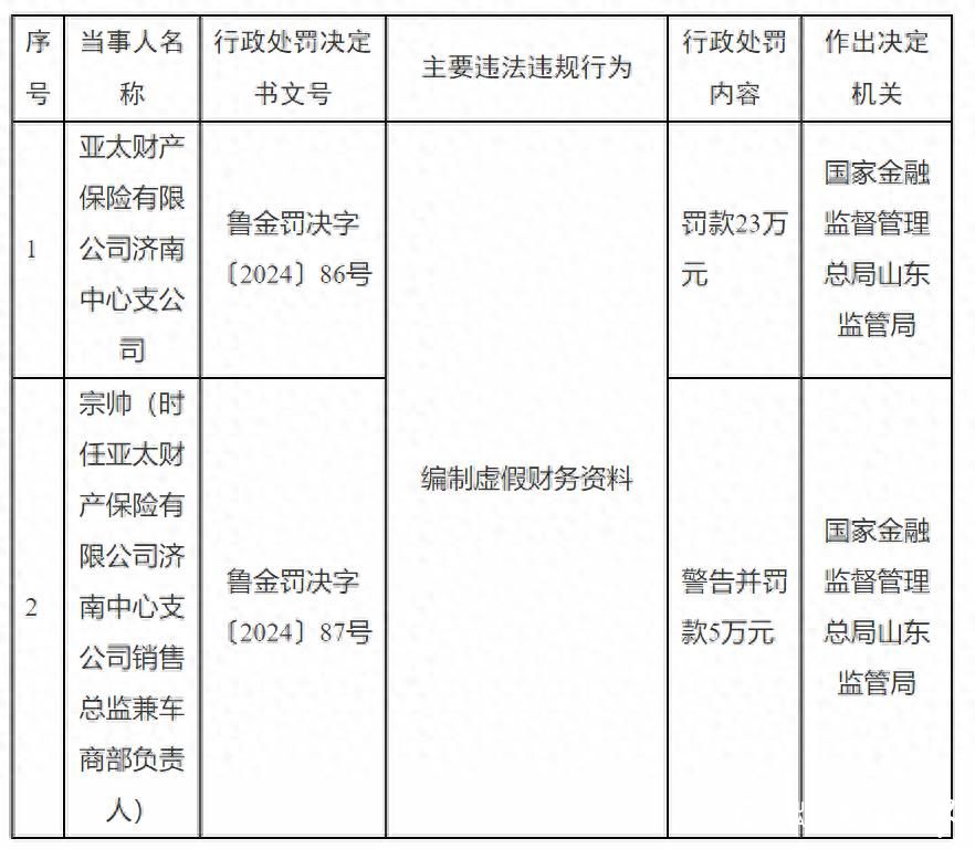 亚太财险济南中心支公司因编制虚假财务资料被罚23万元