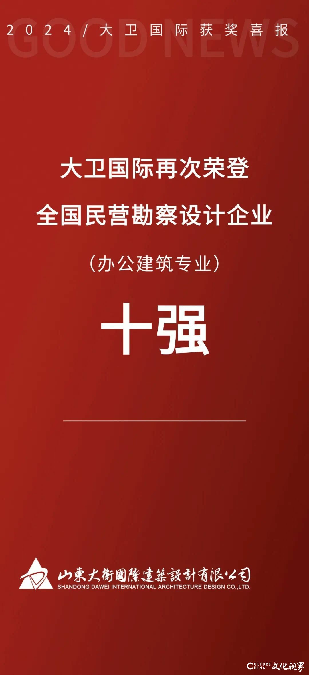 大卫国际再次荣登全国民营勘察设计企业（办公建筑）专业十强榜单