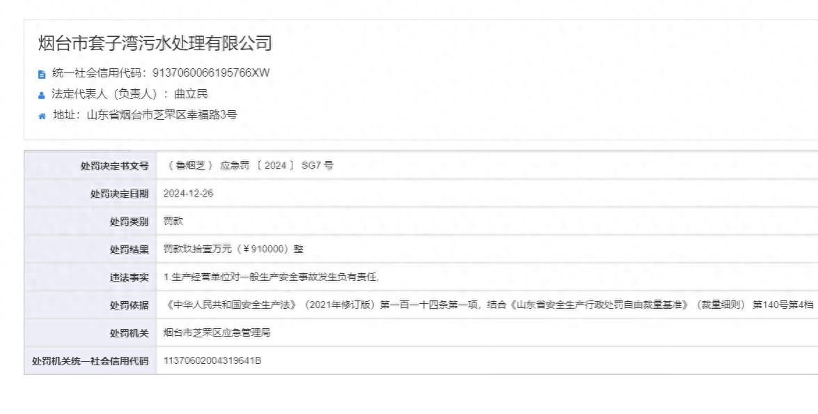 烟台市套子湾污水处理有限公司因安全事故被罚91万