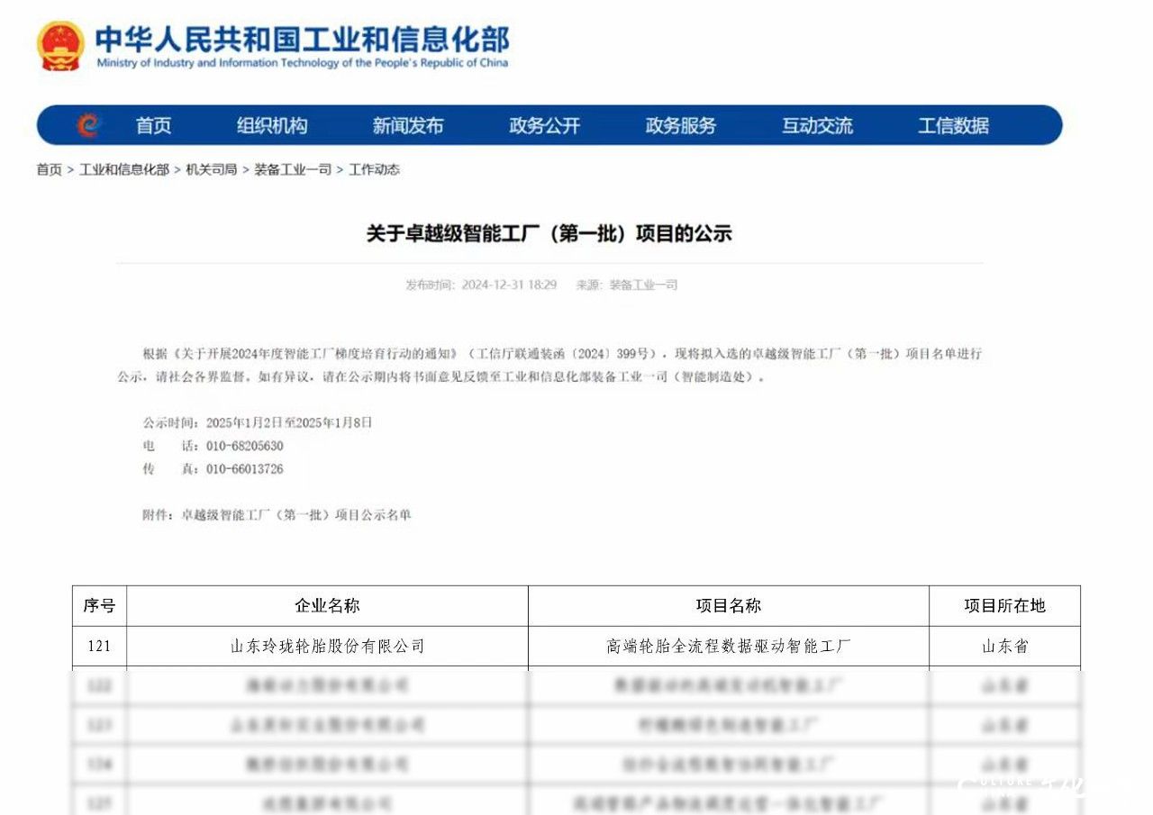 玲珑轮胎数智化工厂入围工信部两项重要项目公示名单