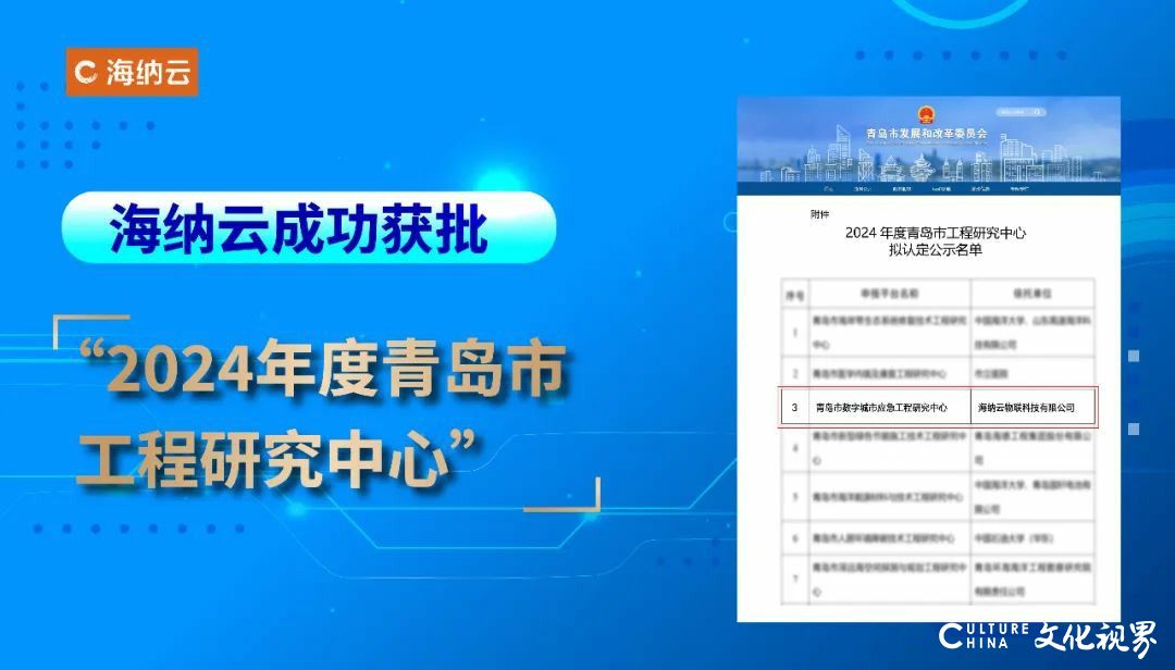 海纳云承建项目上榜“2024年度青岛市工程研究中心认定名单”