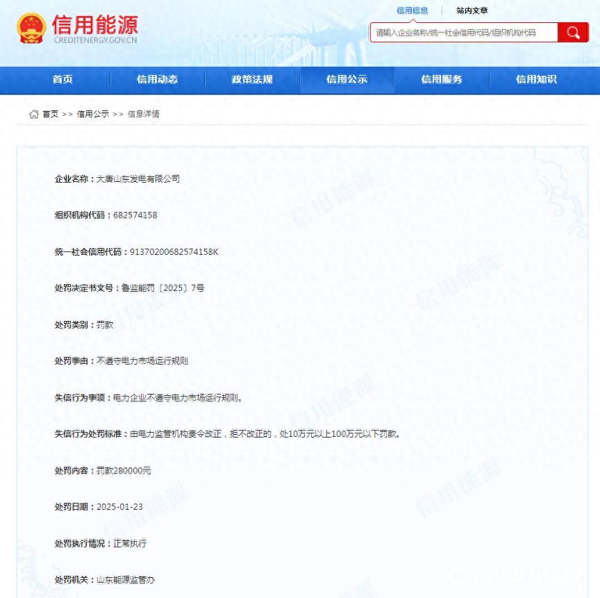因不遵守电力市场运行规则，大唐山东发电有限公司被罚28万元