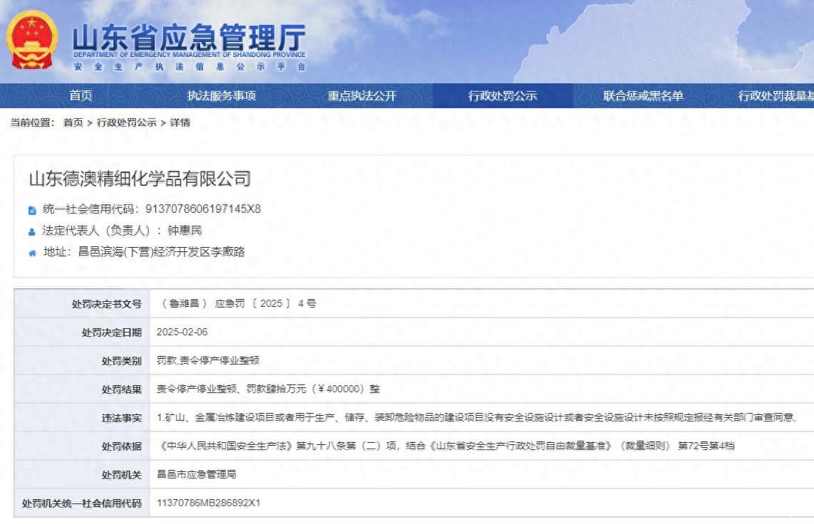 从事这行业竟没拿安全当回事——山东德澳精细化学品有限公司被责令停产停业整顿，并罚款40万元