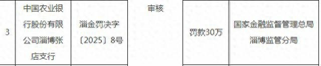 因未按规定对贴现业务交易背景进行审核，中国农业银行淄博张店支行被罚30万元，时任副行长受到警告处分