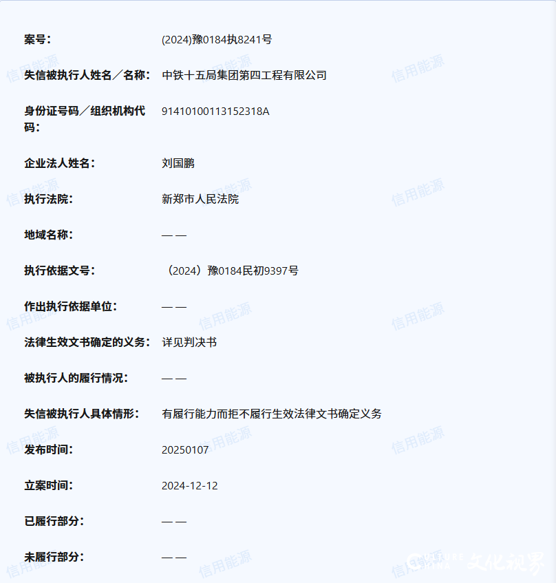 中铁十五局集团第四工程有限公司上榜信用能源失信被执行人名单