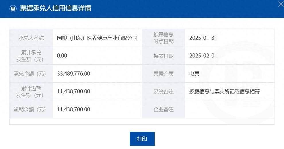 半年内发生多次票据逾期，国粮（山东）医养健康产业有限公司累计逾期发生额超1000万元