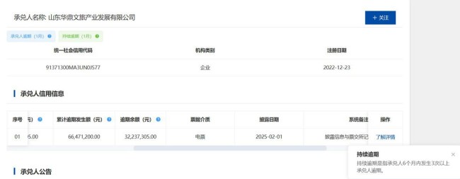 山东华鼎文旅产业发展有限公司半年3次以上票据逾期，累计超3000万元