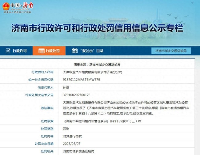 超出许可经营区域从事出租汽车经营活动，欧亚出行济南分公司被罚