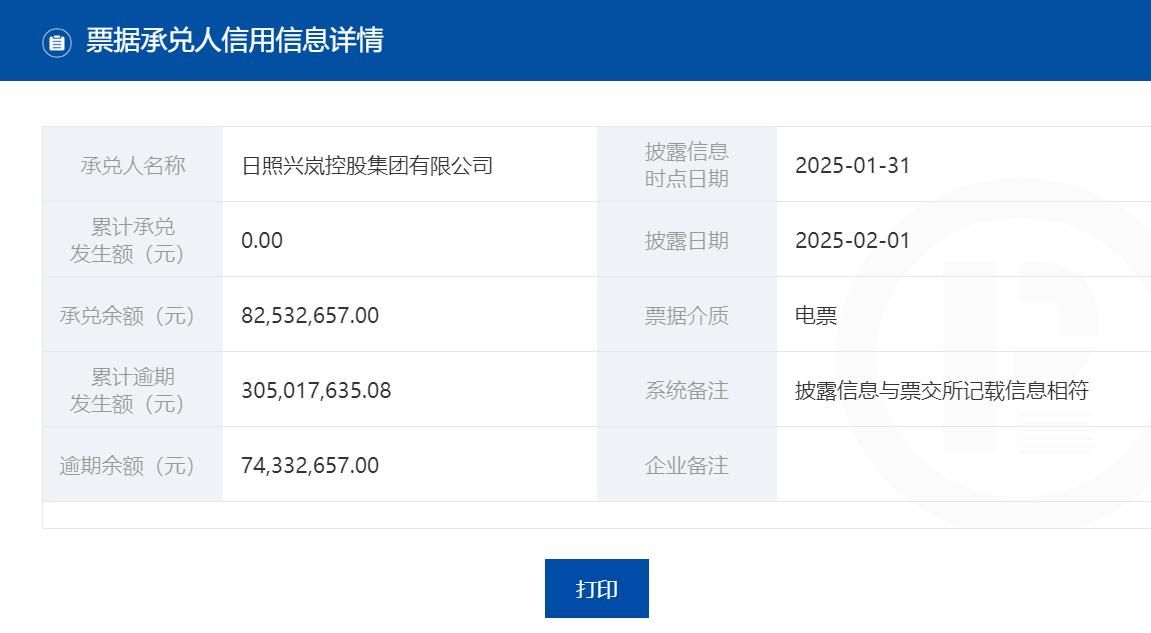 半年内发生多次票据逾期，日照兴岚控股集团有限公司逾期余额达7433万元