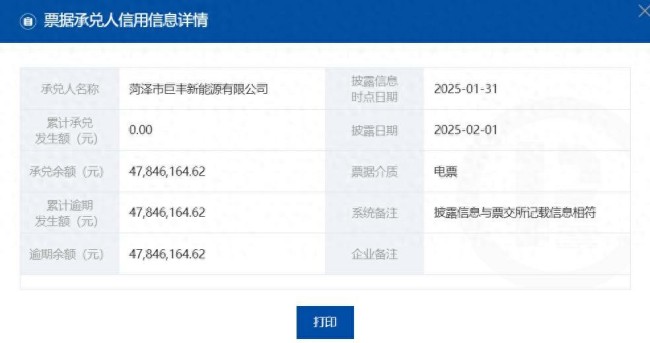 菏泽市巨丰新能源有限公司半年3次以上票据逾期，累计超4700万元