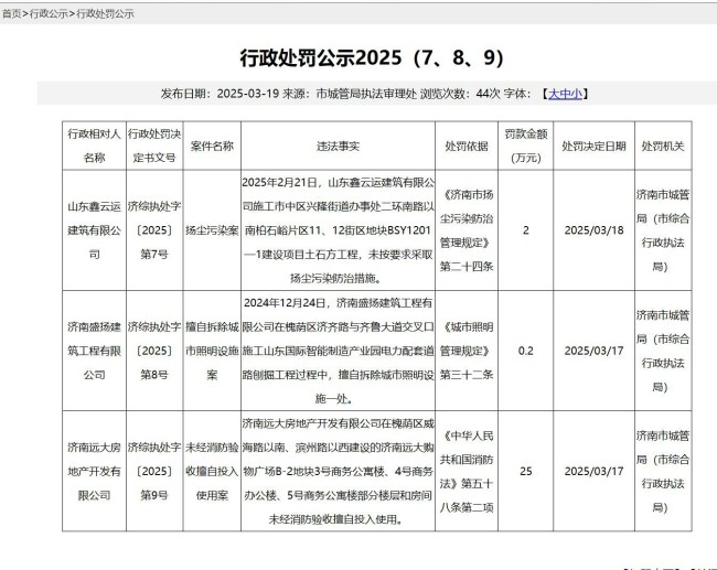 部分项目未经消防验收便擅自投入使用，济南远大房地产开发有限公司被罚25万元