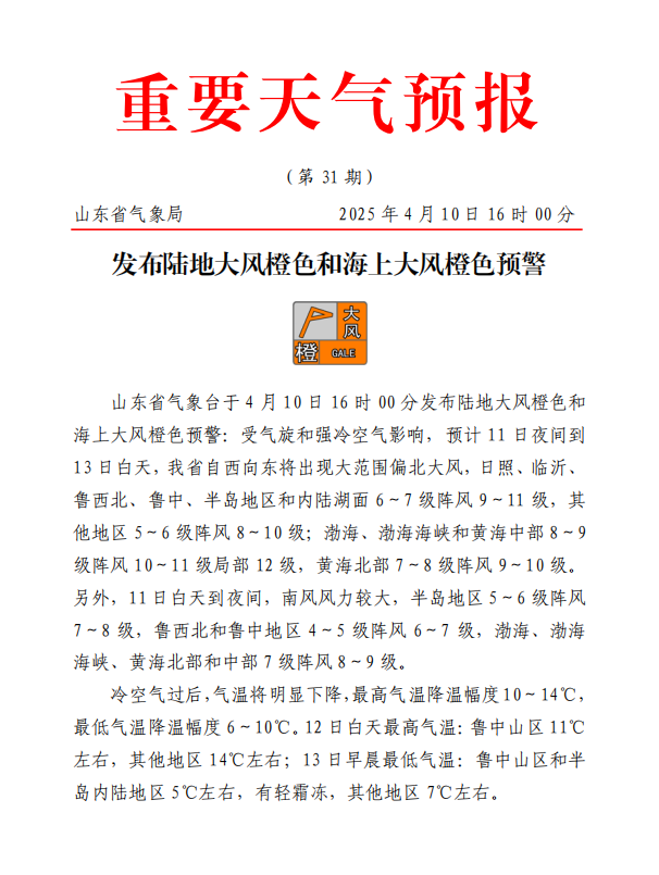 极端天气预警！山东将迎大范围偏北大风，最高气温降幅10～14℃