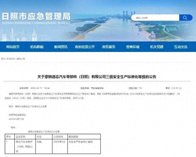 因安全生产事故德志汽车零部件（日照）有限公司被罚款50万元