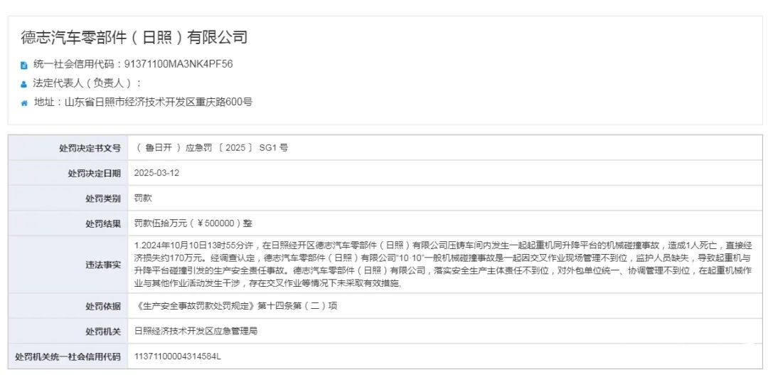 因安全生产事故德志汽车零部件（日照）有限公司被罚款50万元