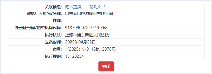 雪上加霜！泰山啤酒成被执行人，执行标的逾1312万元