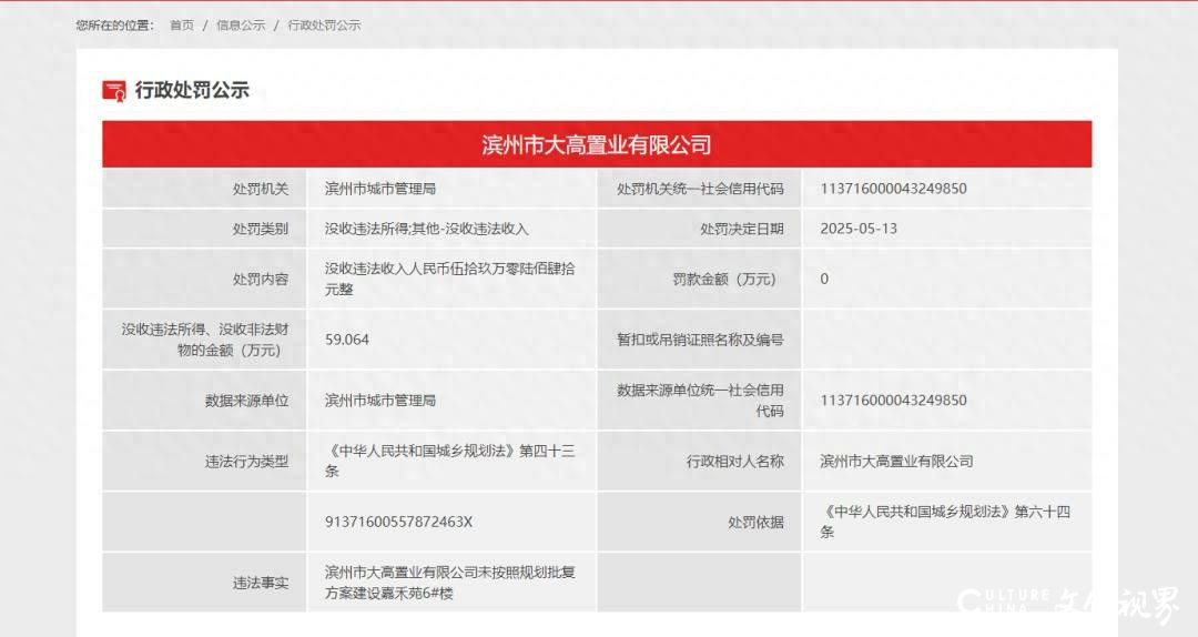 滨州市大高置业有限公司未按规划批复方案建设被处罚